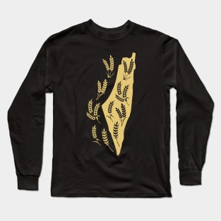 Map of Palestine Designed with Wheat Spikes Sunbula the Symbol of Freedom and Endless Giving- gld Long Sleeve T-Shirt